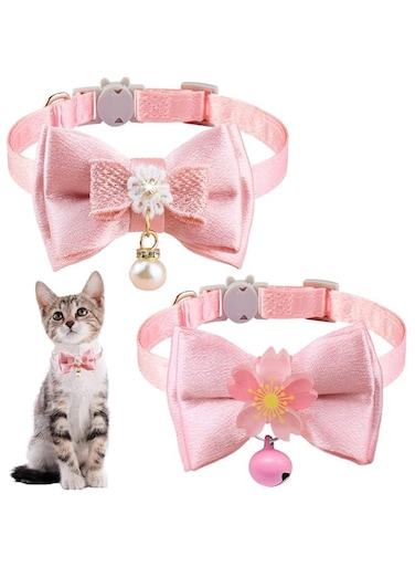 KASTWAVE Breakaway Cat Collar, Bowtie Kitty Collar with Flower, Cat Collar with Tie, Cute Cat Collar for Girl/Boy Cat, 2 Pack, Color A +Color B
