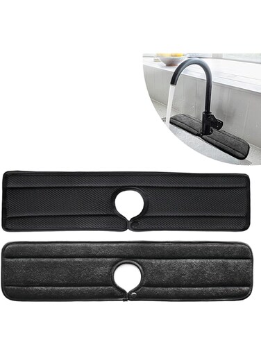 Juformin 19-inch Sink Mat for Kitchen Faucet, Lengthening&amp;Widening Design. Sink Splash Guard for Bathroom, Washable Drip Catcher with Absorbent Microfiber Fabric, for Around Faucet Handle (Black)
