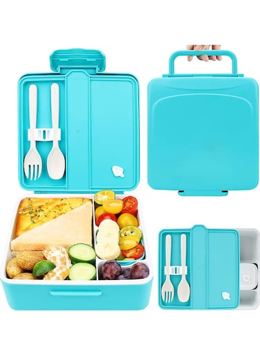 Kids Bento Lunch Box for School, 1.3L Lunch Container with Sauce Jar, Spoon &amp; Fork, 4 Compartment Lunch Box with Handle - Leak Proof, Dishwasher &amp; Microwave Safe, BPA-Free (Blue)