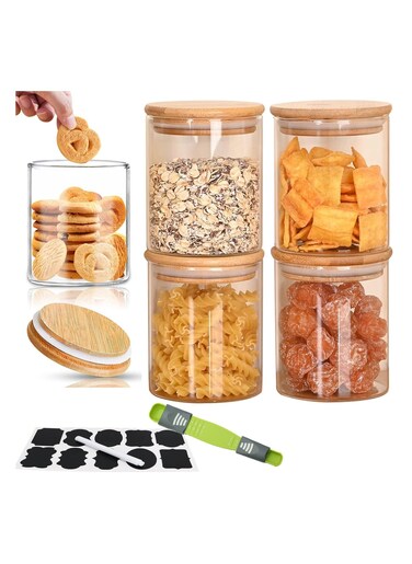 Tycom Glass Jars Set 8cm*10cm (4 Packs), Food Storage Containers for Kitchen, Spice jars With Labels, Marker and spoons, Wood Lid Round 4p.