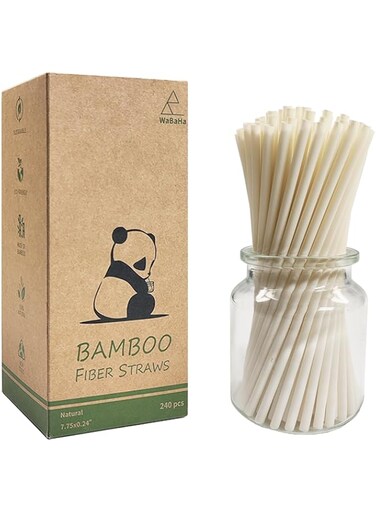 Disposable Bamboo Fiber Drinking Straws, Extra-Wide Boba Jumbo Smoothie Straws, 7.8 in x 0.24 in Compostable Disposable Plant-Based Straws 240 count