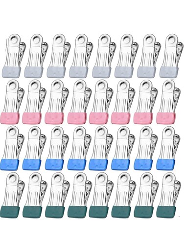 Khazna Clothes Pins for Hanging Clothes, 32 Pcs Colored Laundry Clips, Heavy Duty Clothing Pins, Multipurpose Metal Clips for Clothes, Towel, Photo Utility Clips Drying Pegs Clamp for Outdoor