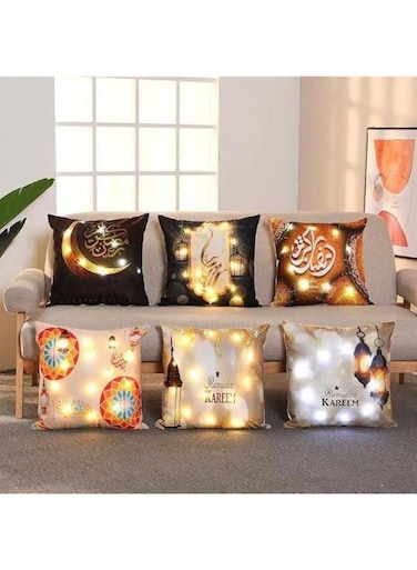 Ramadan Decorative Pillow Covers, Islamic Design, Ramadan Kareem Pillow Set of 3 with LED Light, using 2 (AAA) Batteries, (Batteries not included) (Light Brown)