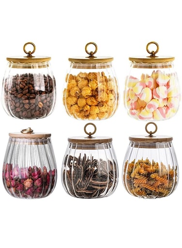 6PCS 750ml Glass Storage Jar with Bamboo Lid, Airtight Storage Container, Glass Food Storage Jar, Kitchen Canisters for Coffee, Tea, Grains (Round)