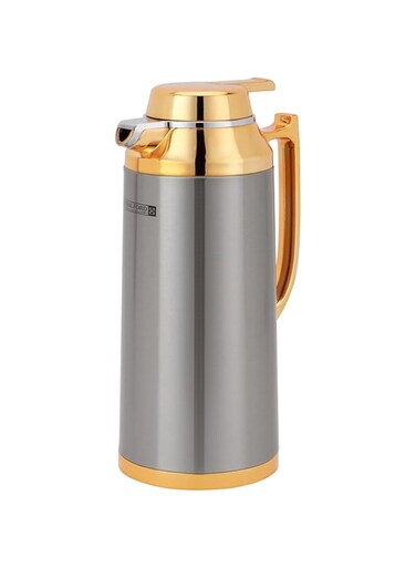 Royalford 1.9L Vacuum Flask- RF12125 With Pink Glass Inner and Stainless Steel Outer Body Hot or Cold Leak-Proof for Indoor and Outdoor Silver and Golden
