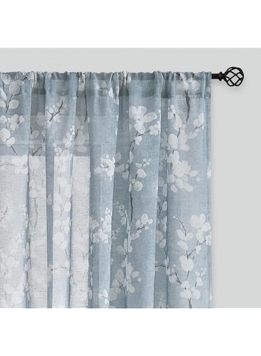 FMFUNCTEX Blue-White Sheer Curtains for Living-Room 84" Long Blossom Print on Flax Linen Blend Window Curtain Panels 2 Pack Rod Pocket, 50" w