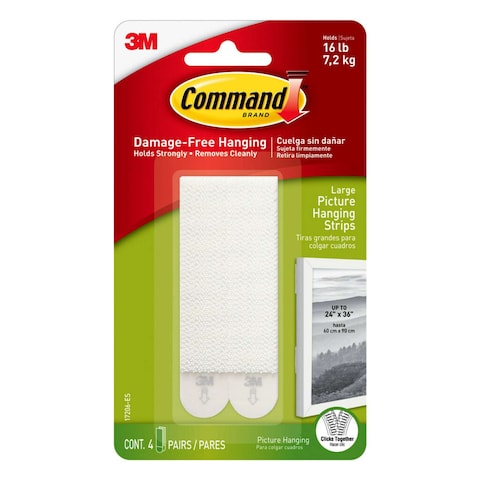 Command 17206-ES Picture Hanging Strips, Large, Holds 7.2 Kg. whole pack, white color. 4 pairs/pack
