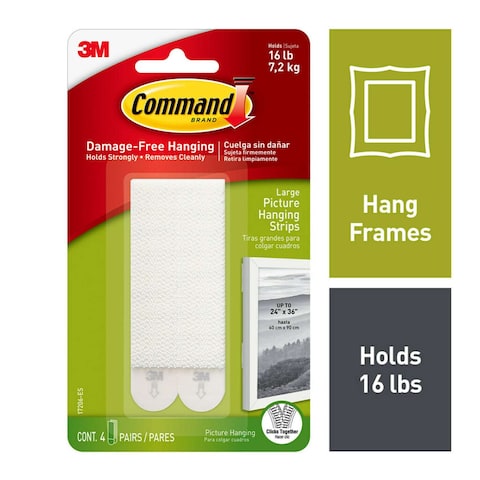 Command 17206-ES Picture Hanging Strips, Large, Holds 7.2 Kg. whole pack, white color. 4 pairs/pack
