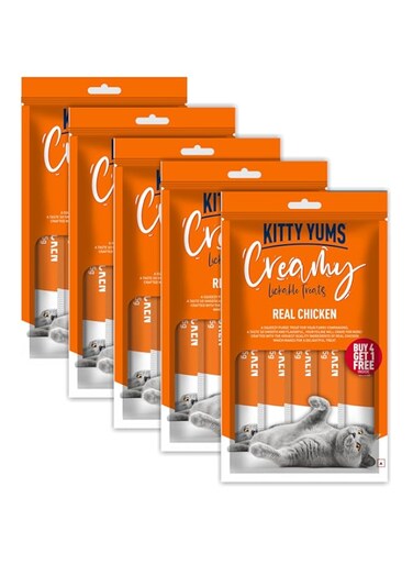 Kitty Yums Creamy Lickable Cat Treats, Real Chicken, Pack Of 5 (25 Pcs, 375Gm)   Rich In Protein, Promotes Hydration, No Artificial Preservatives   Best For Training &amp; Bonding   For Kitten &amp; Adult