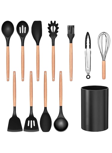 plastific Silicon Cooking Kitchen Utensil Spatula Set Tool with Holder, 100% Eco-Friendly and Food Safe Material, Nonstick Heat Resistance Cookware with Wooden Handle (Pack of 12 - Black)