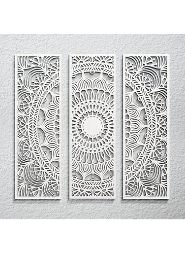 3pcs Mandala Wall Art Carved Wood Wall Art Floral Aesthetic Wooden Plaque Set Wood Carving Wall Decor Farmhouse Modern Cutout Wood Wall Plaque for Home Bathroom Decoration (White, 15.8 x 5.1 Inch)