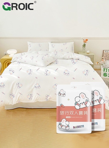 Disposable Bed Sheets with Flat Sheet,Quilt Cover,and 2 pillow cases,Disposable Fitted Travel Bedding Cover for Hotel, Sheet Quilt and Pillowcase