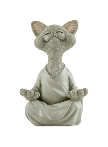 Oasisgalore Whimsical Grey Cat Buddha Figurine Meditation Yoga Decor - Happy Cat Collection - Cat Lover Gifts, Yoga Gifts, Meditation Gifts, Zen Namaste Decor Gifts