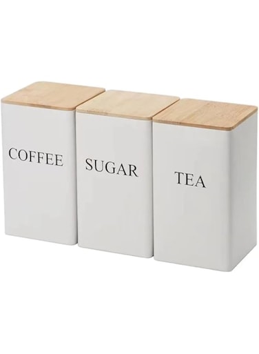 NAVACALA Tea Coffee Sugar Canisters, 3 Piece of Metal Canister Storage Jar Container Set With Bamboo Lid White 1000ML