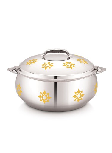 2000ML Stainless Steel Insulated Food Warmer Hotpot in Silver with Gold Geometric Pattern Thermal Casserole Serving Dish for Home Dinners Parties and Picnics