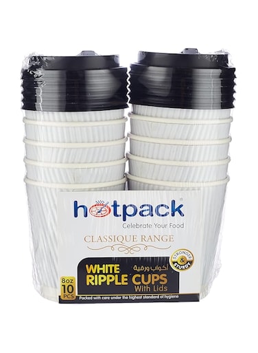 Soft n Cool Hotpack Disposable Ripple Paper Cup White 8 ounce with Black Lid, 10 Pieces for Hot &amp; Cold Drinks, Coffee &amp; Tea.