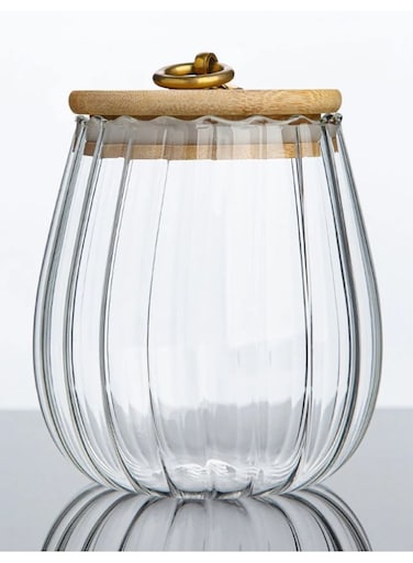 700 ML Borosilicate Glass Food Storage Jar With Airtight Bamboo Lid and Metal Handle, To Store Tea, Coffee Beans, Candy, Spices, Biscuits etc, Oval Shape