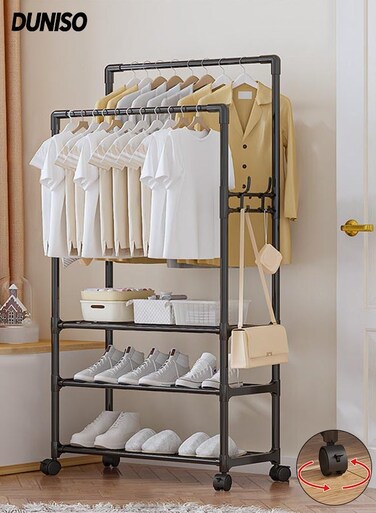 Double Rods Clothes Rack with Roller, Metal Garment Rack with Shoe rack and Hooks, Multipurpose Clothes Hanger Organizer,Suitable for Bedrooms, Balconies and Living room (Black)