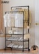 Double Rods Clothes Rack with Roller, Metal Garment Rack with Shoe rack and Hooks, Multipurpose Clothes Hanger Organizer,Suitable for Bedrooms, Balconies and Living room (Black)