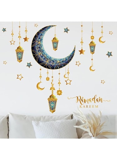 Langtaojin 2Pcs Ramadan Decorations Wall Stickers,Islamic Muslim Wall Art Decals,Eid Mubarak Ramadan Decor Lantern Moon Star Window Clings for Home Living Room Bedroom Decorations Wallpaper