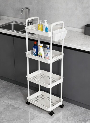4-Tier Utility Rolling Plastic Storage Cart Trolley with Lockable Wheels,Multifunctional Storage Shelves for Kitchen Living Room Office,White