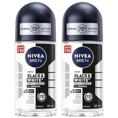 NIVEA MEN Black &amp; White Invisible Antiperspirant Roll-On Deodorant, Original, 72H Active Protection, 50ml, Pack of 2