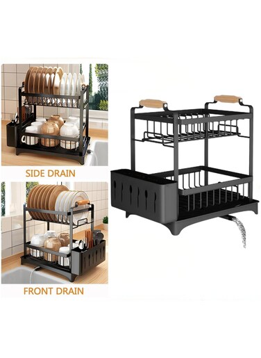 New Dish Drying Rack with Drainage,Stainless Steel 2 Tier Dish Rack with Drainboard Set,Large Dish Drainers With Removable Cutting Board Holder Utensil Holder and Cup Holder Baking Black
