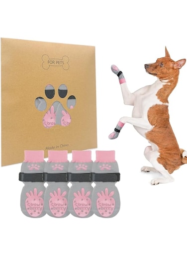 BEAUTYZOO Non Slip Dog Socks for Small Medium Large Dogs, Grip Paw Protector Hard Wood Floor Senior Old Dogs,Injury Protection to Prevent Licking 2 Pairs Anti Twist Hot/Cold Pavement, Strawberry Pink