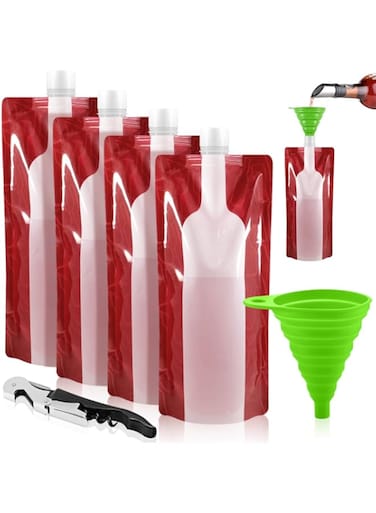SENHAI Foldable Wine Bag, 750 ml, Portable Reusable Plastic Wine Bottle Pouch, 4 Pack Collapsible Liquid Leak Proof Flask Holder for Wine Liquor Beverages, Travel, Gift - Red