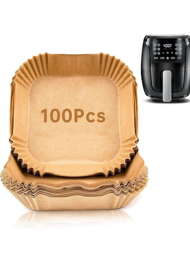 Air Fryer Disposable Paper Liners, Non-Stick square liners Parchment thick premium Paper, Food-Grade, Double-Sided Silicone Oil Coating, Waterproof, no Oil leakage , High-Temperature Resistant, for Air Fryer, Baking, Microwave, Square, 100 Pieces, Brown, 20cm / 7.9 inches.