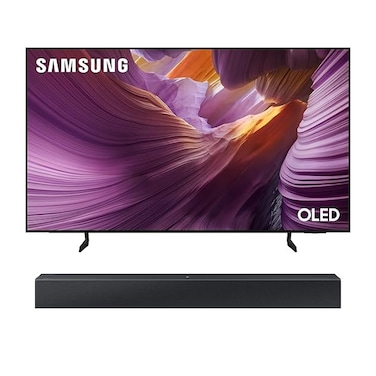 تلفزيون سامسونج الذكي بتقنية الذكاء الاصطناعي OLED 4K مقاس 77 بوصة QA77S85FAEXZN (إصدار الإمارات 2025) مع مكبر صوت لاسلكي سامسونج HW-C400 ثنائي القنوات