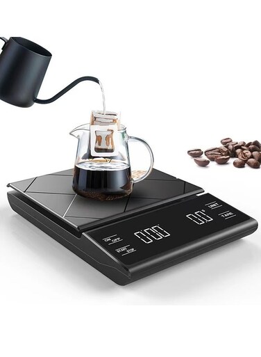 KitchenTour Coffee Scale with Timer - Digital Multifunction Weighing Scale with 3kg/0.1g High Precision - Pour Over Drip - Espresso Scale with Bright LCD Display,with Silicone Non-slip Pad,Black