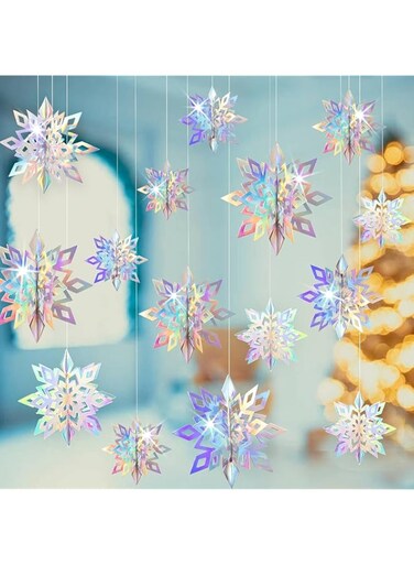 Sumaswit [15 Packs] Christmas Hanging Snowflakes Decorations,Large 3D Iridescent Paper Snowflakes in 3 Sizes Christmas Tree Hanging Ornaments for Winter Wonderland Decorations Birthday Party Supplies