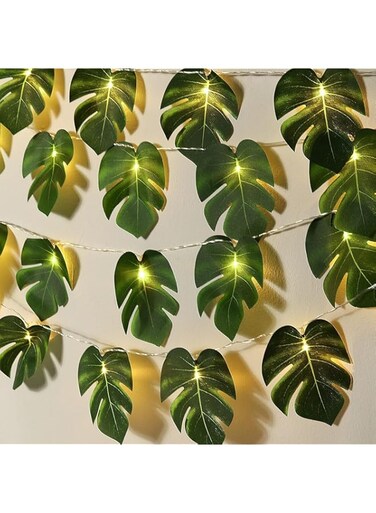 Monstera Leaf String Lights 2 Pack, 20 LED Tropical Artificial Rattan Palm Leaves Wall Hanging Vine Leaf, Summer Decoration for Outdoor Indoor Hawaiian Luau Party Jungle Beach Theme Party Decorations