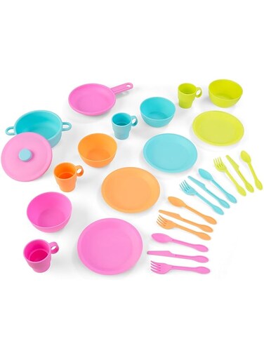 KidKraft 63319 27-Piece Pastel Cookware Pretend Toy Food Playset, Cooking and Eating Utensils and Accessories Set for Kids Play Kitchen, Bright