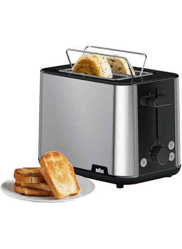 Braun 2-slot Stainless Steel PurShine Toaster, Auto Off, 900 Watts, 8 Browning Settings, 4 Way Protection, Bun Warmer, Intelligent heat control, HT 1510 Black