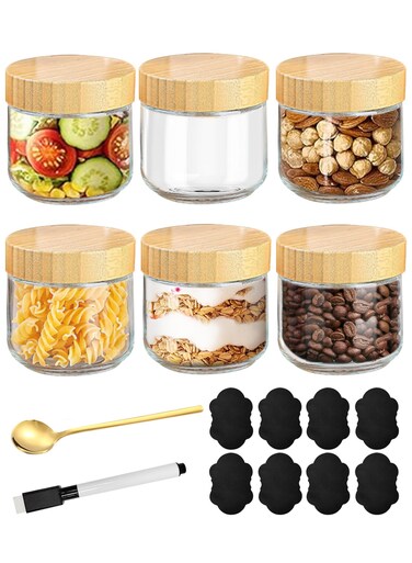 6-pack 10oz/300ml Glass jars with Airtight Lids, Overnight Oats Containers with Bamboo Lids, Wide mouth Mason Salad jars, Glass Food Storage Containers with 1PCS Spoon,1PCS Pen and 8PCS Chalkboard Labels for Snacks Yogurt Spice Sugar