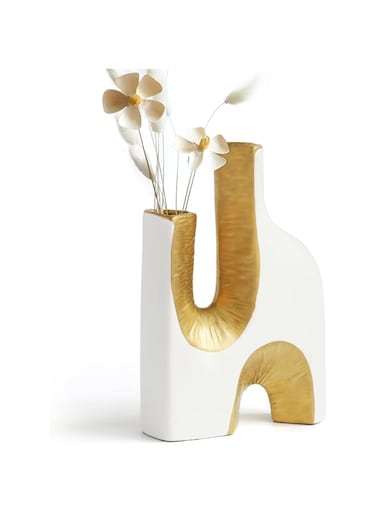 White And Gold Vase Ceramic, Maximalist White And Gold Ceramic Vase For Modern Home Decor, Book Vase For Wedding, Living Room, Office, Entrance, Dining Table Decor Centerpieces