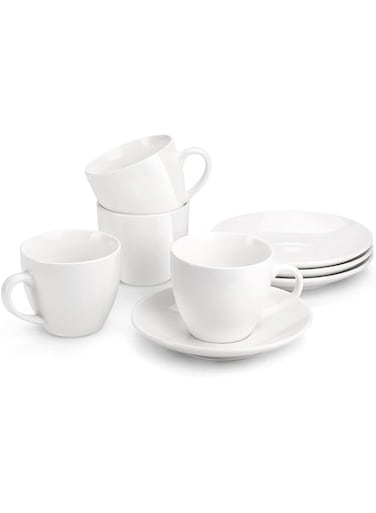 MIWARE 8 Ounce Porcelain Cappuccino Cups with Saucers - Set of 4, Perfect for Specialty Coffee Drinks, Latte, Cafe Mocha and Tea, White