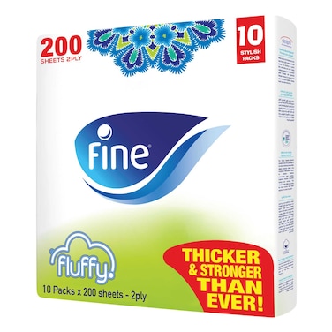 Fine Fluffy Facial Tissue, 10 packs of 200 sheets x 2 Ply