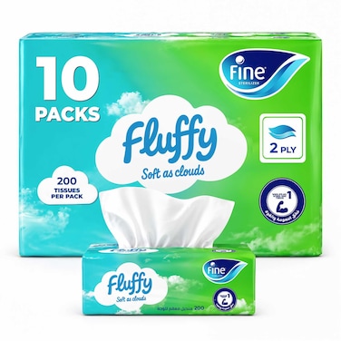 Fine Fluffy Facial Tissue, 10 packs of 200 sheets x 2 Ply