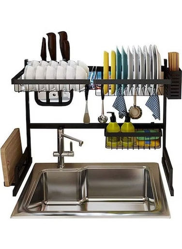 Generic Over The Sink Stainless Steel Dish Rack Dish Drainer Drying Dryer Rack Holder With Draining Board Chopsticks Holder For Kitchenware Black