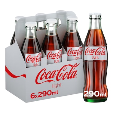 Coca-Cola Light Carbonated Soft Drink Glass Bottle, 290ml Pack of 6