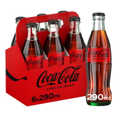 Coca-Cola Zero Sugar Carbonated Soft Drink Glass Bottle, 290ml Pack of 6