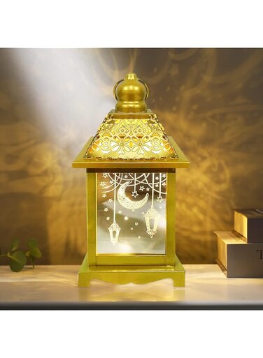 Yoawllty 8in Large Ramadan Lantern with LED Candle, Warm White Ramadan Decorations Lights for Home, Gold Decorative Ramadan Lantern with Moon Star Light Pattern