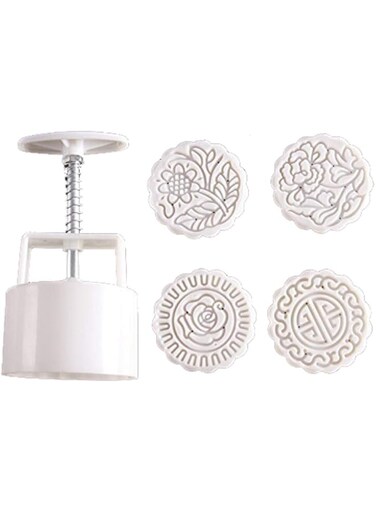 Zicome Round Moon Cake Mold with 4 Stamps, Flowers Design, White