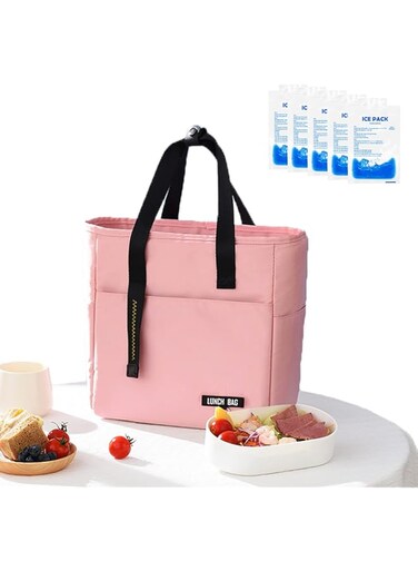 LAIZI Goalroya Insulated Lunch Bag with 5pcs Ice Pack Large Capacity Waterproof Cooler Tote Bag 10L Lunch Box Insulated Travel Picnic Lunch Bag Cooler Food Storage Bag for Work Office Beach (Pink)