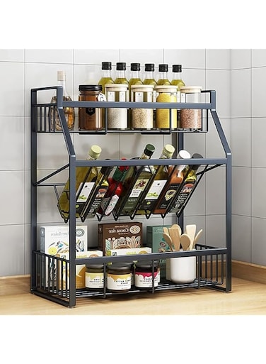MUMOO BEAR 3-Tier Spice Rack, Metal Kitchen Storage Rack with Shelves for Spice Jar Sauce Can Oil Bottles, Multilayer Kitchen Countertop Seasoning Organizer (Black)