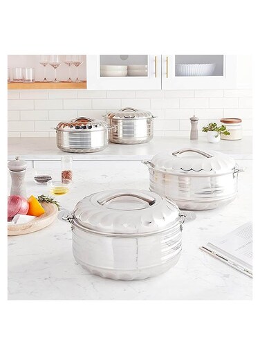 Stainless Steel Hotpot Set of 3 - 2.5 L+3.5L+5L - Keeps food Warm for up to 12 hours   Double Wall Insultaiton   Dishwasher safe   Food Grade Steel   Highly Durable