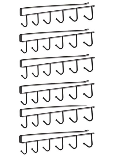 6 Pack Under Cabinet Cup Holder, Multifunction Under Shelf Hanging Rack with 6 Hooks, Kitchen Storage Organiser - Black